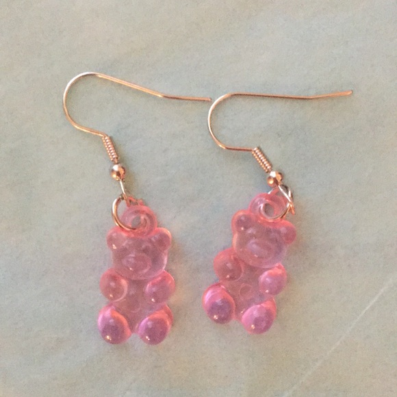 Cute Mini Gummy Bear Earrings & Necklace Set - Resin Bear Charms, Stainless Steel (Pink) - View #12